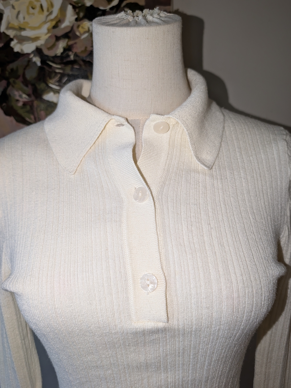 Smart Set Vintage/Y2K Linen Blend Ribbed Polo Long-Sleeve Sweater - Picture 2 of 9